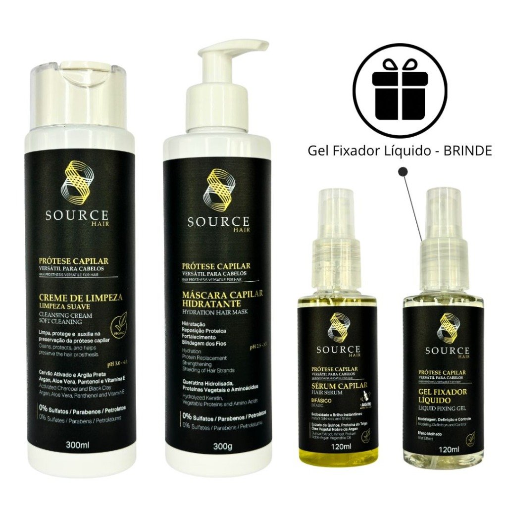 Kit Tratamento Completo Prótese Capilar - Source Hair (Creme de limpeza, Mascara Hidratante, Sérum Bifásico + Brinde Gel Fixador Líquido)